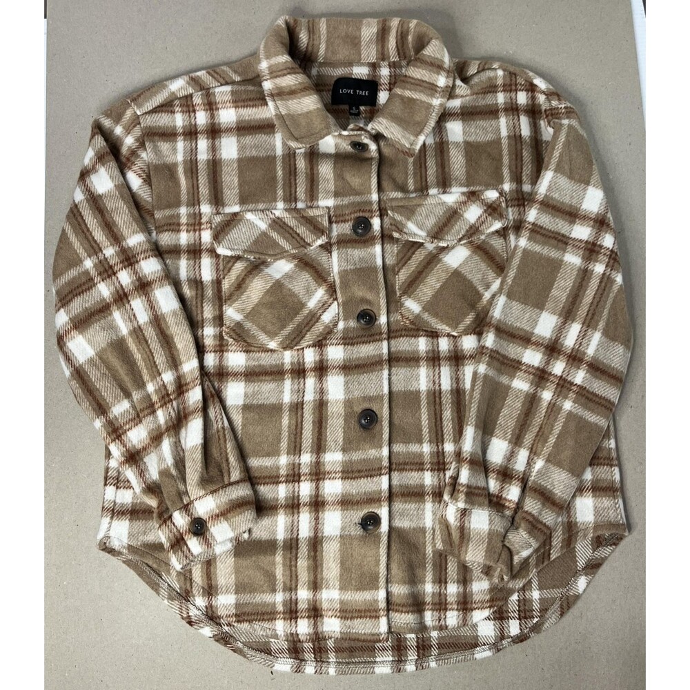 Love Tree Jacket Womens Small Tan Brown White Plaid Overshirt Shacket Fleece